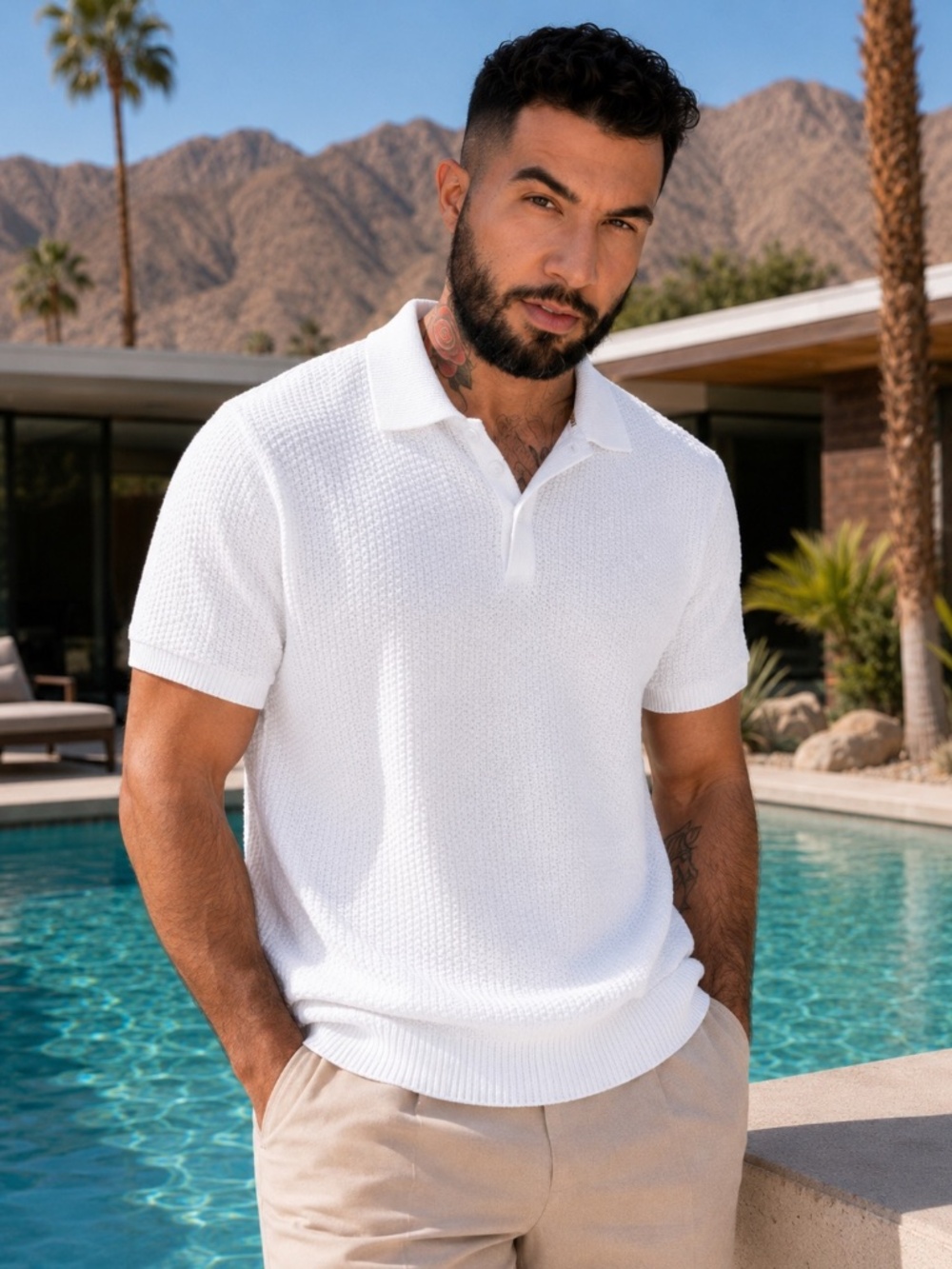 Mr Turk Trina Turk Men’s White Waffle Weave Cotton Polo Shirt XL 50” Chest